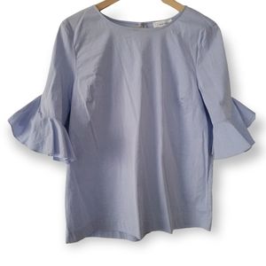 CALVIN KLEIN Ruffle Short Sleeve Light Blue Cotton Top Round Neck Boxy Pullover
